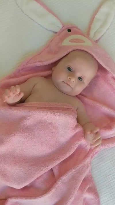 Video of baby playing Baby wearing Bunny Hooded Baby Towel & Mitt - ROSA