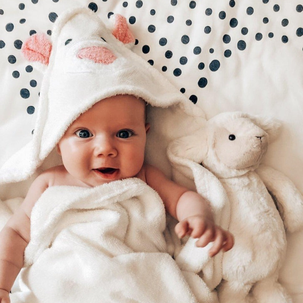 Baby wearing Sheep Hooded Baby Towel & Mitt - VEGA