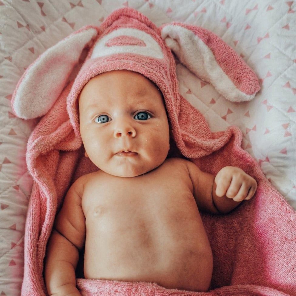 Baby wearing Bunny Hooded Baby Towel & Mitt - ROSA