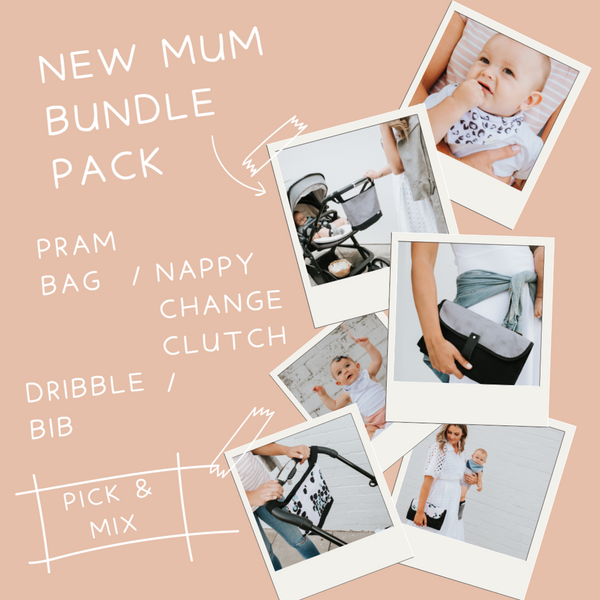New Mum Bundle | Pram Bag | Nappy Clutch | Dribble Bib