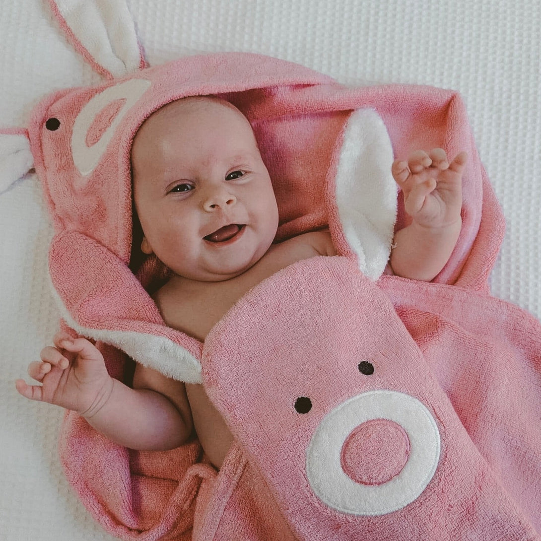 Baby wearing Bunny Hooded Baby Towel & Mitt - ROSA